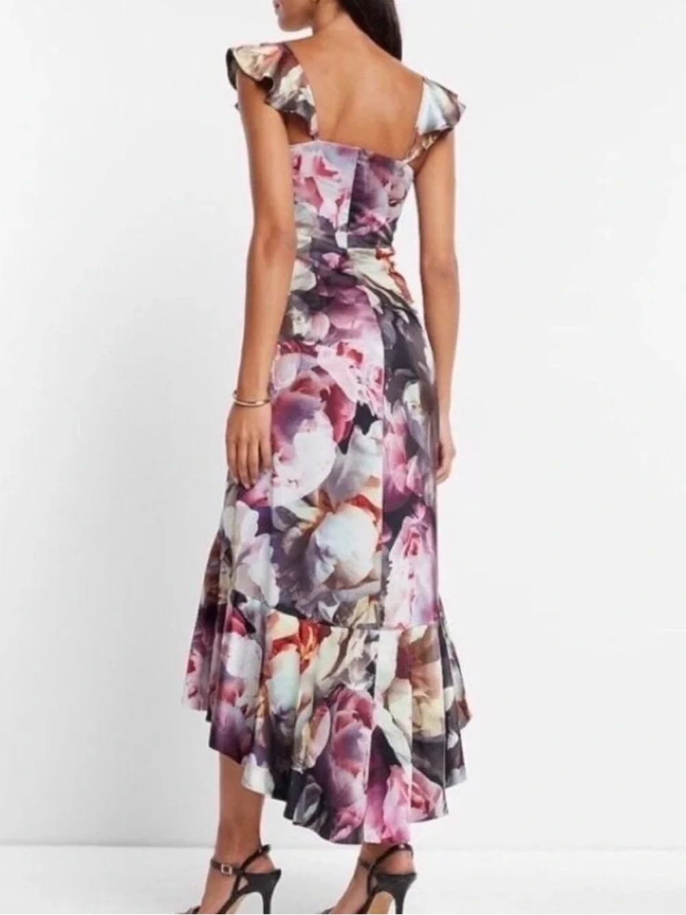 EXPRESS Floral Ruffle High-Low Maxi Dress Romantic Dark Floral - FLAWS - Size 8 - Picture 2 of 16